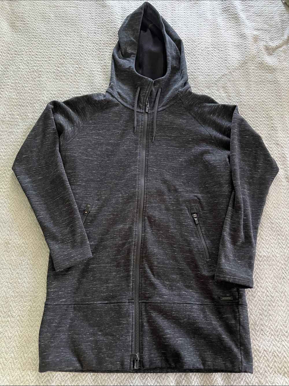 Athleta Dark Marled Charcoal Grey/Black Long Fall Hoodie Size Small Athleisure